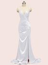 Sexy Spaghetti Straps V-neck Mermaid Long Satin Graduation Prom Dresses With Slit