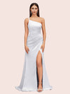 Soft Satin One Shoulder Side Slit Silky Long Mermaid Bridesmaid Dresses Online For Sale