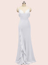 Sexy Mermaid Spaghetti Strap V-neck Long Soft Satin Prom Dresses With Slit