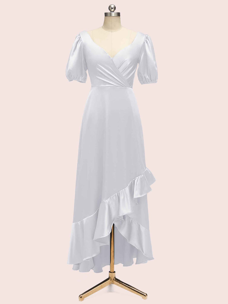 Beautiful Short Sleeves V-Neck Soft Satin Cheap Short Bridesmaid Dresses