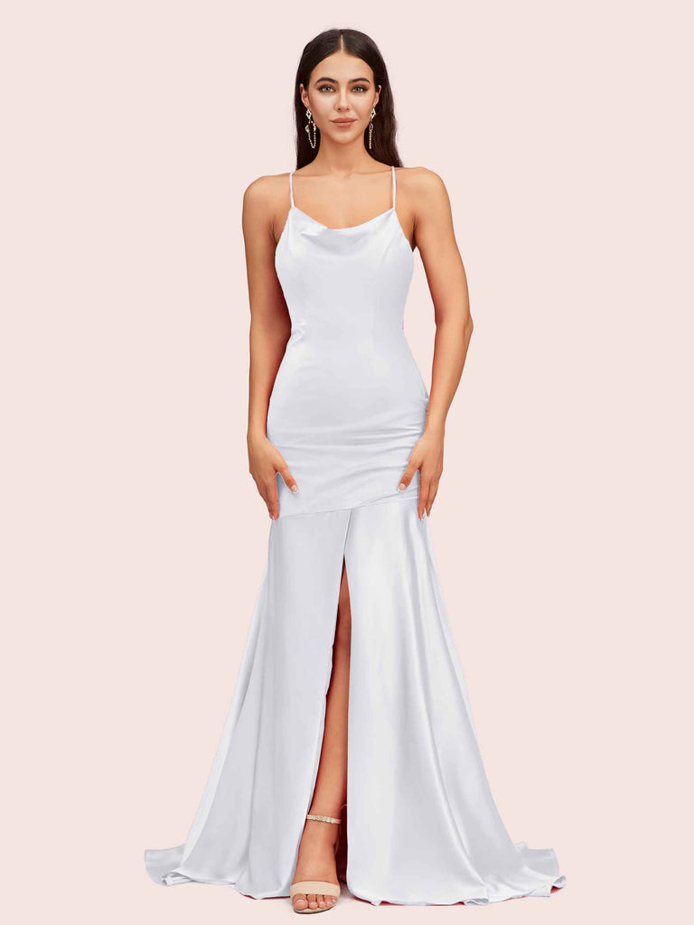 Sexy Backless Mermaid Spaghetti Straps Long Soft Satin Prom Dresses With Slit