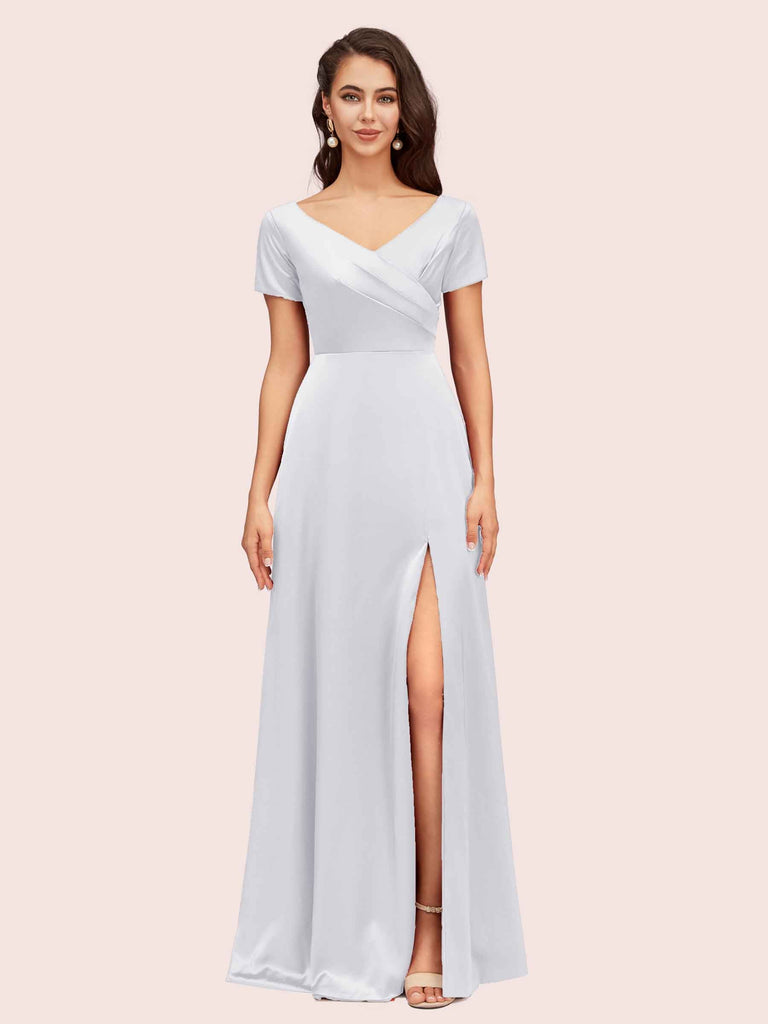 Elegant V-Neck Short Sleeves Long Soft Satin Party Prom Dresses With Slit