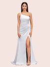 Satin One Shoulder Side Slit Long Bridesmaid Dresses