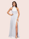 Elegant Halter Open Back Long Side Split Long Soft Satin Formal Prom Dresses