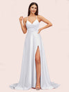Elegant A-line Spaghetti Straps Long Soft Satin Party Prom Dresses With Slit