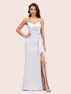 Sexy Spaghetti Straps V-neck Long Mermaid Satin Bridesmaid Dresses With Slit