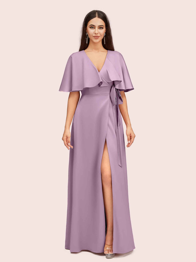 Elegant Bat Sleeves V-neck Side Slit Long Soft Satin Party Prom Dresses 2023