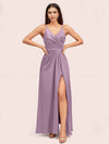 Modern Spaghetti Straps V-neck Side Slit Long Satin Bridesmaid Dresses With Slit