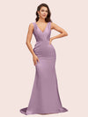 Sexy V-Neck Mermaid Long Silky Satin Formal Prom Dresses For Women