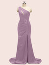 Sexy Mermaid One Shoulder Long Soft Satin Formal Prom Dresses With Slit
