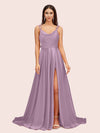 Elegant A-line Spaghetti Straps Long Soft Satin Bridesmaid Dresses With Slit Online