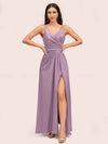 Modern Spaghetti Straps V-neck Side Slit Long Satin Party Prom Dresses With Slit