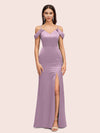 Sexy Cold Shoulder V-Neck Side Slit Mermaid Long Soft Satin Bridesmaid Dresses