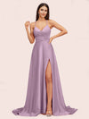 Elegant A-line Spaghetti Straps Long Soft Satin Party Prom Dresses With Slit