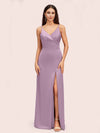 Simple Soft Satin Sexy Spaghetti Straps Long Side Slit Bridesmaid Dresses