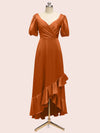 Beautiful Short Sleeves V-Neck Soft Satin Cheap Short Bridesmaid Dresses