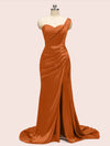 Sexy One Shoulder Long Soft Satin Mermaid Party Prom Dresses With Slit