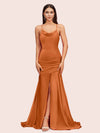 Sexy Backless Mermaid Spaghetti Straps Long Soft Satin Bridesmaid Dresses With Slit