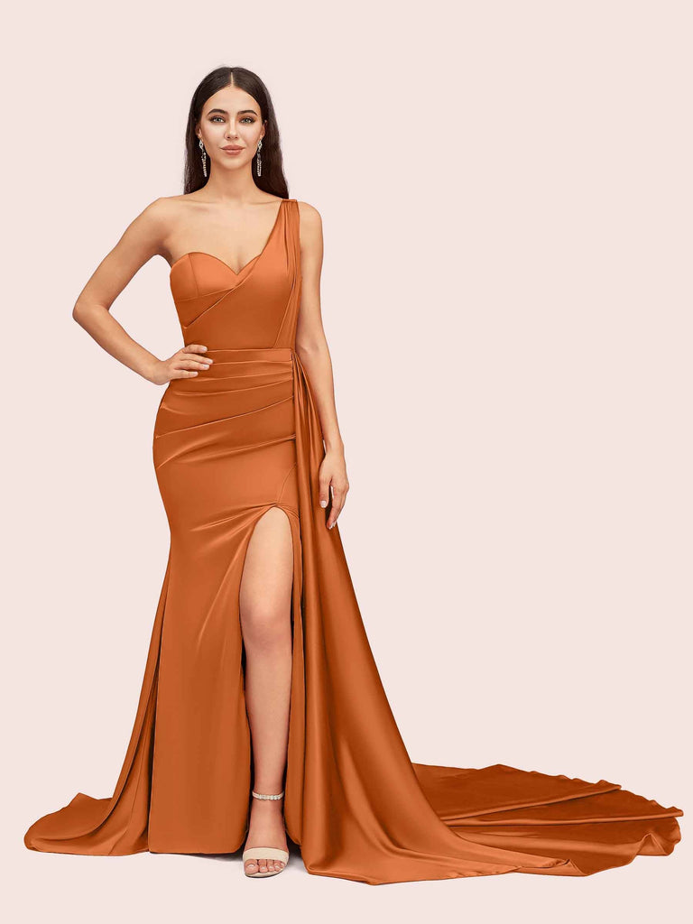 Sexy Mermaid One Shoulder Long Soft Satin Side Slit Bridesmaid Dresses For Sale Sexy Mermaid One Shoulder Long Soft Satin Side Slit Bridesmaid Dresses For Sale