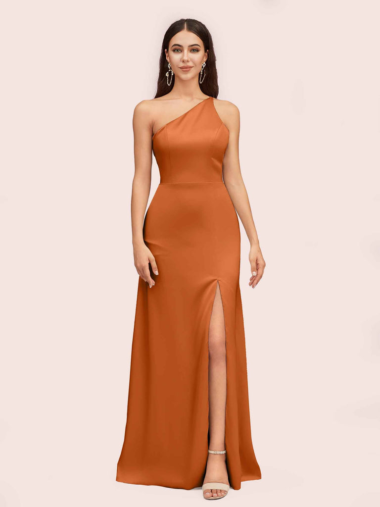 Simple Silky Satin One Shoulder Long Side Slit Formal Prom Dresses Online