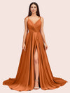 Elegant Spaghetti Straps A-line V-neck Long Soft Satin Side Slit Formal Prom Dresses
