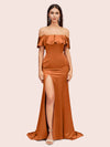 Elegant Soft Satin Off Shoulder Long Mermaid Graduation Prom Dresses With Slit