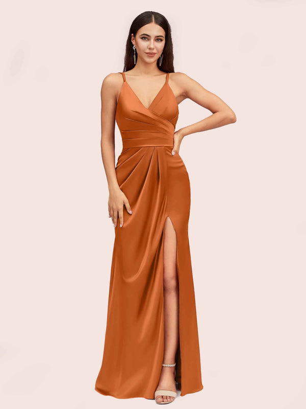 Sexy Spaghetti Straps V Neck Long Silky Soft Satin Formal Prom Dresses With Slit Cetims 3413