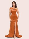 Sexy Mermaid One Shoulder Long Soft Satin Bridesmaid Dresses With Slit