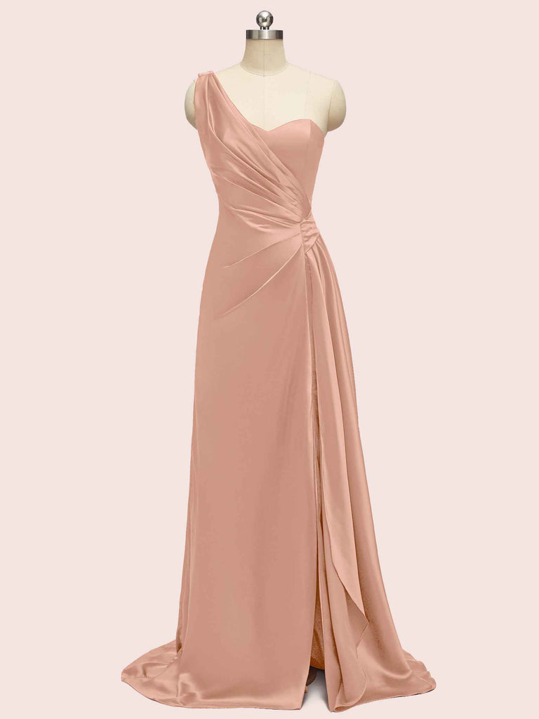 Sexy Side Slit One Shoulder Long Soft Satin Bridesmaid Dresses Online