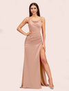 Sexy Spaghetti Straps Mermaid Long Soft Satin Bridesmaid Dresses With Slit