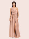 Sexy A-Line One Shoulder Long Side Slit Soft Satin Bridesmaid Dresses