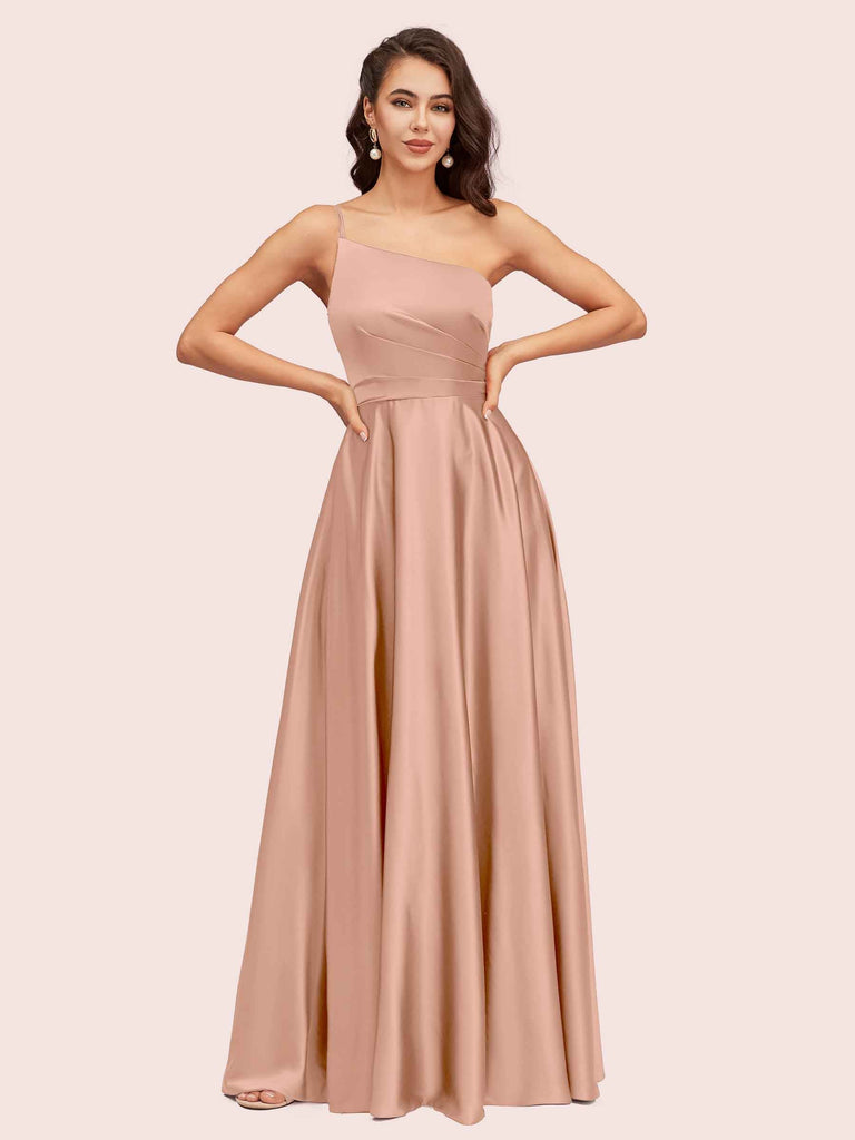 Sexy One Shoulder A-Line Long Soft Satin Bridesmaid Dresses With Pleats For Sale