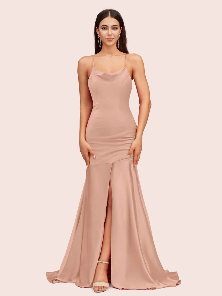 Sexy Backless Mermaid Spaghetti Straps Long Soft Satin Bridesmaid Dresses With Slit