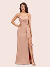 Sexy Spaghetti Straps V-neck Long Mermaid Satin Graduation Prom Dresses With Slit