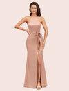 Simple Open Back Mermaid Halter Side Slit Long Soft Satin Bridesmaid Dresses Online