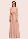 Elegant A-line Halter Sleeveless Long Soft Satin Bridesmaid Dresses Online