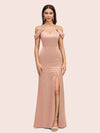 Sexy Cold Shoulder V-Neck Side Slit Mermaid Long Soft Satin Bridesmaid Dresses