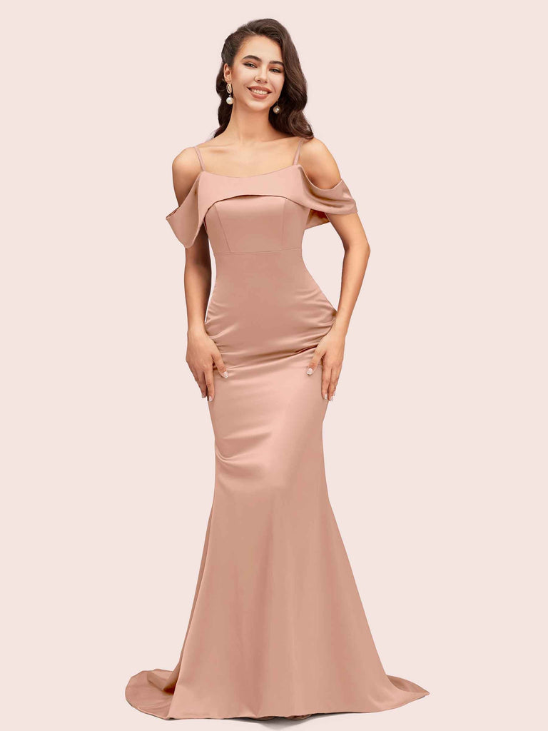 Sexy Mermaid Cold Shoulder Long Soft Satin Party Prom Dresses For Women