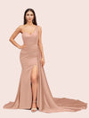 Sexy Mermaid One Shoulder Long Soft Satin Side Slit Evening Prom Dresses Online