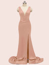 Sexy V-neck Criss Cross Side Slit Long Soft Satin Mermaid Formal Prom Dresses Online