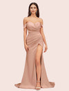 Sexy Side Slit Off Shoulder Long Silky Satin Mermaid Formal Prom Dresses Online