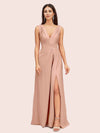 Sexy V-neck Long Side Slit Soft Satin Bridesmaid Dresses Online