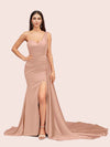 Sexy Mermaid One Shoulder Long Soft Satin Side Slit Bridesmaid Dresses