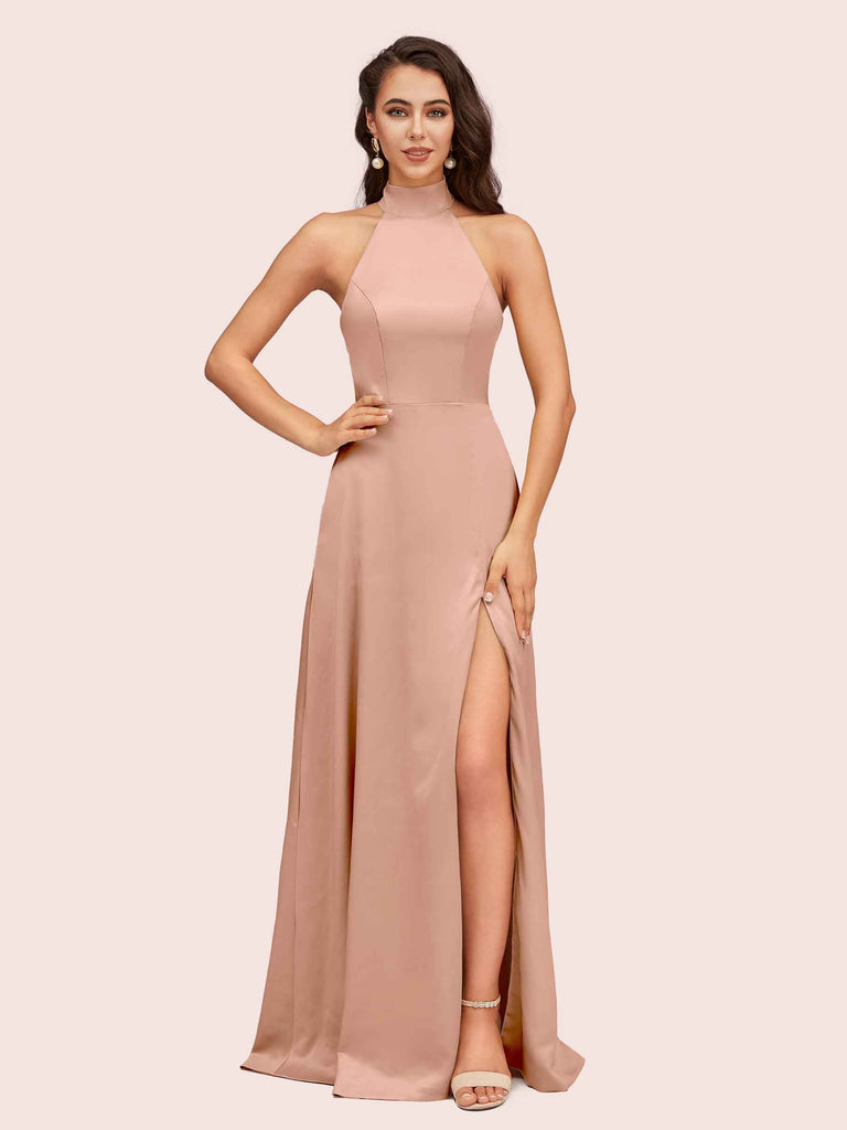 Elegant Halter Open Back Long Side Split Long Soft Satin Formal Prom Dresses Elegant Halter Open Back Long Side Split Long Soft Satin Formal Prom Dresses