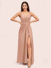 Modern Spaghetti Straps V-neck Side Slit Long Satin Bridesmaid Dresses With Slit