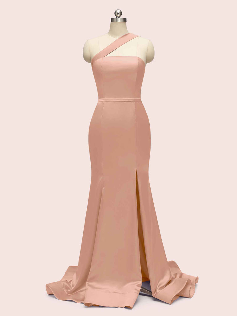 Elegant One Shoulder Side Slit Long Soft Satin Mermaid Bridesmaid Dresses Elegant One Shoulder Side Slit Long Soft Satin Mermaid Bridesmaid Dresses