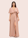 Elegant Bat Sleeves V-neck Side Slit Long Soft Satin Bridesmaid Dresses