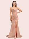 Sexy Backless Mermaid Spaghetti Straps Cowl Long Satin Formal Prom Dresses With Slit