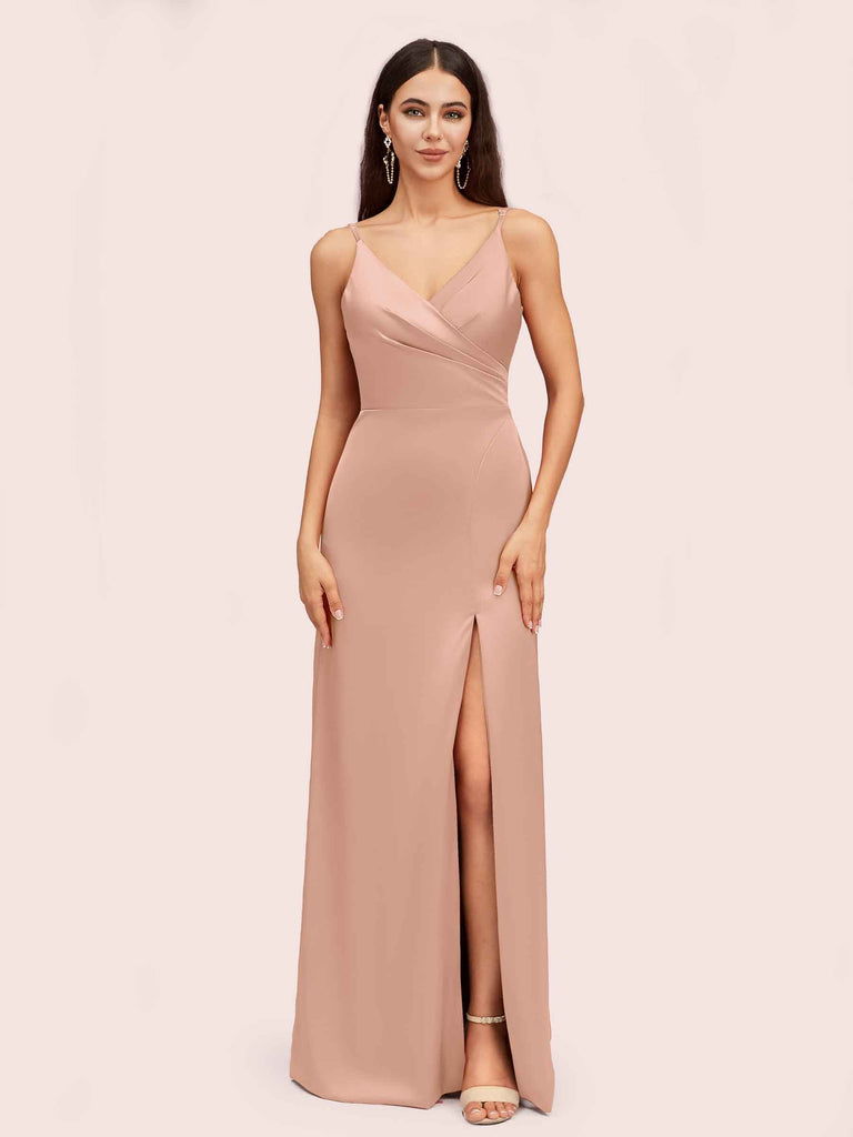 Simple Soft Satin Sexy Spaghetti Straps Long Side Slit Mermaid Graduation Prom Dresses