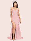 Simple Mermaid Spaghetti Straps Side Slit Long Soft Satin Formal Prom Dresses 2023